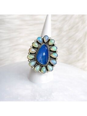 Sterling Silver Blue Chalcedony & Opal Cluster Ring Size 7.5 Adjustable Artisan
